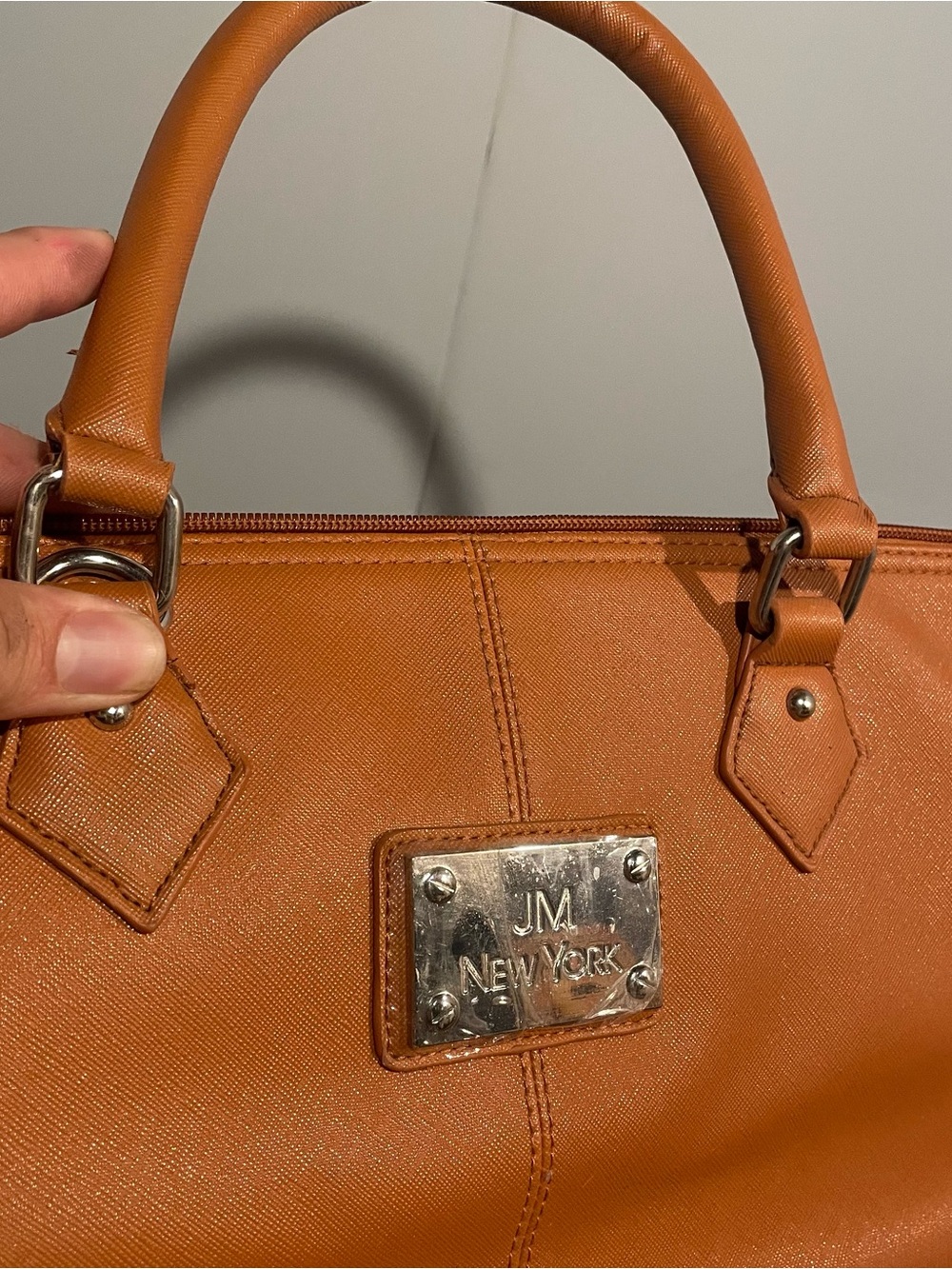 SM New York Cognac Leather Satchel with Silver Plate